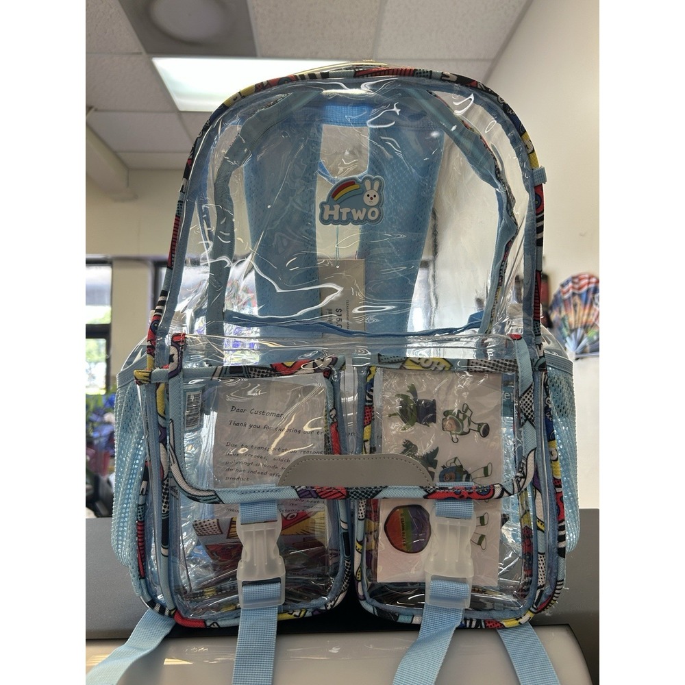 HIWO Clear/Blue Kids Backpack Bunny Graphic, Medium, Zip, Pockets, Buckle Straps